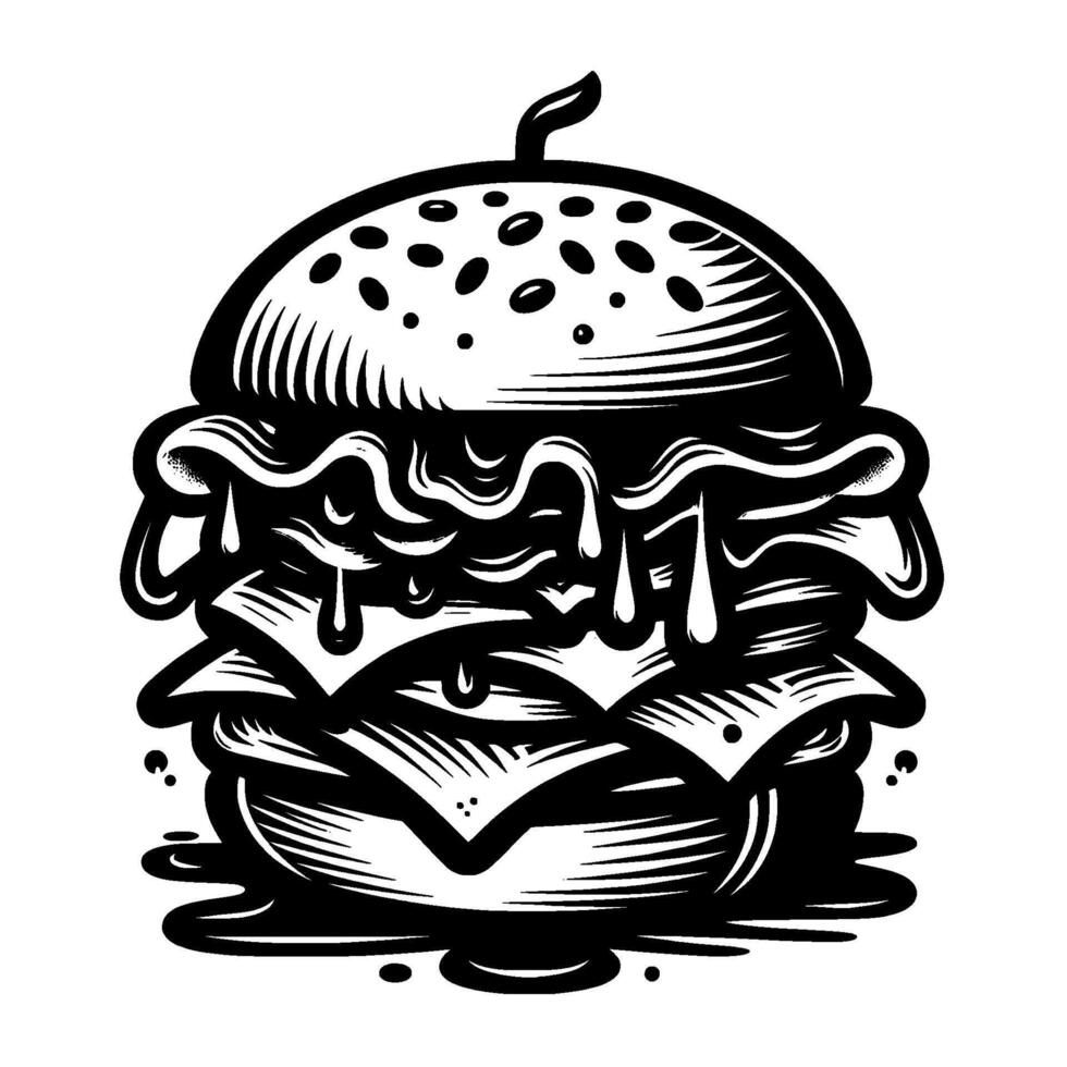 A bold, black and white, highly detailed illustration of a juicy burger overflowing with cheese and dripping sauces, a delicious food art concept. vector