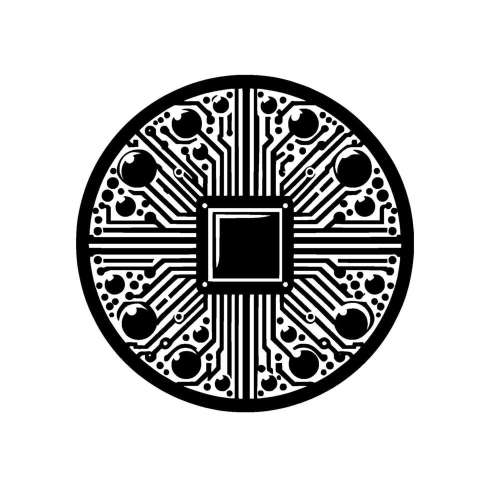 Circular Black White Circuit Board Centering a Square Processor Chip, Representing Modern Technology. vector