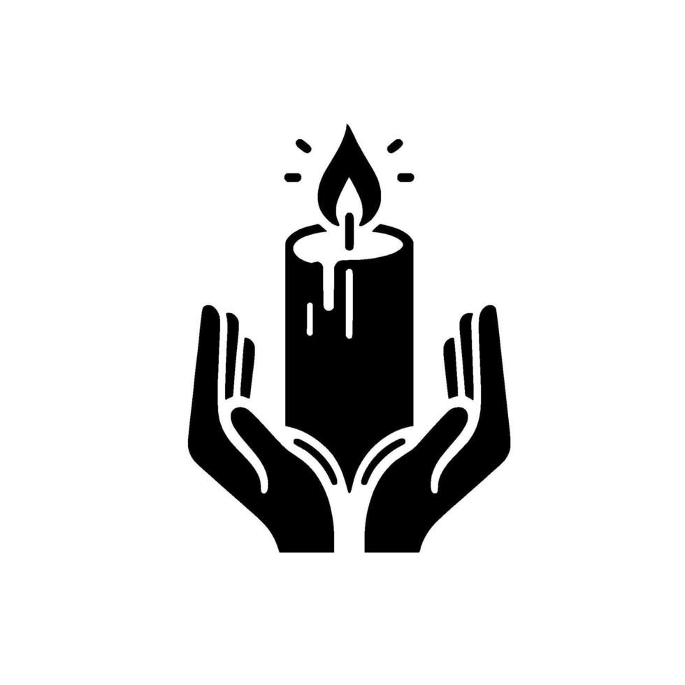 Symbolic Illustration A lit candle held gently in cupped hands, depicting care, protection, and spiritual light against a stark white background. vector