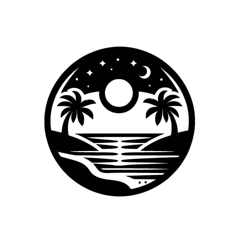 Minimalist Circular Night Beach Scene Palm trees silhouette, ocean under the moon, and stars, a serene, black and white artistic illustration. vector