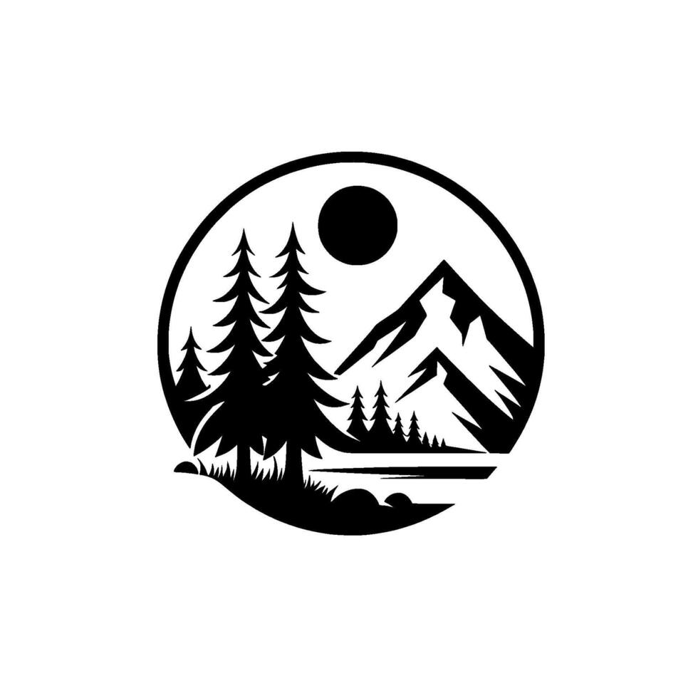 Circular Nature Silhouetted pines, mountains, and sun over a lake against a white background, minimalist. vector