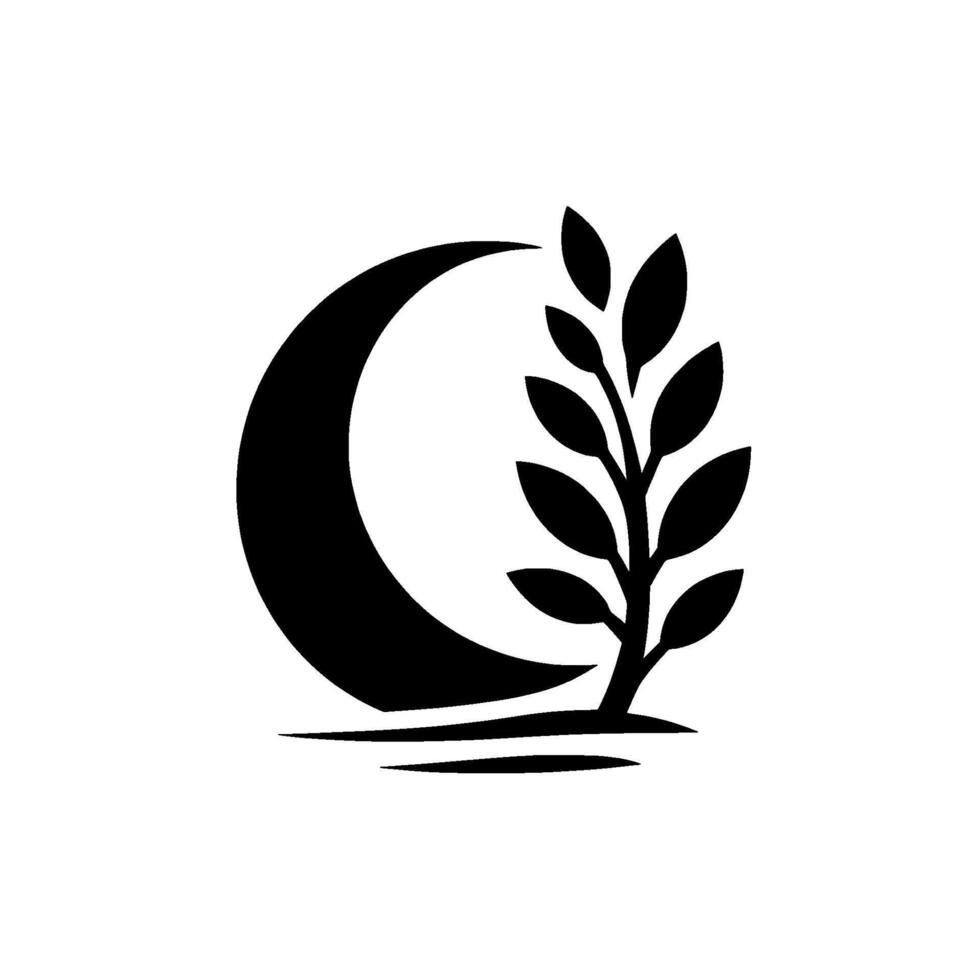 Minimalist Black and White Crescent Moon and Leafy Branch Symbolizing Growth and Nature. vector
