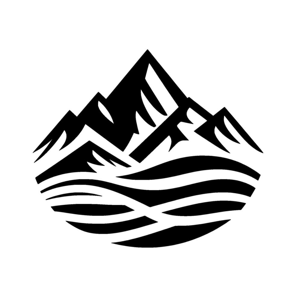 Minimalist Black and White Depicting Majestic Mountain Range and Serene Water in a Circular Composition. vector
