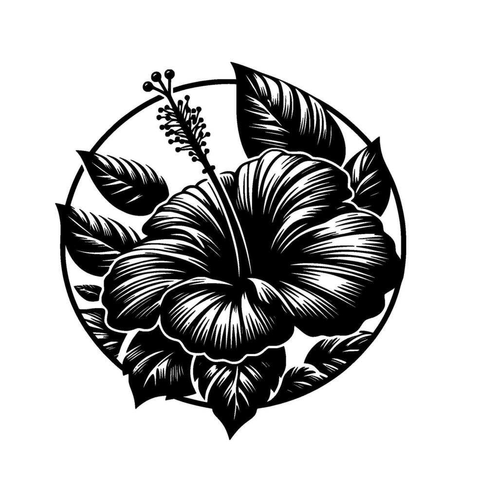 Stylized Black and White Hibiscus Flower and Leaves in Circular Frame, Art, Elegant , Botanical Illustration. vector