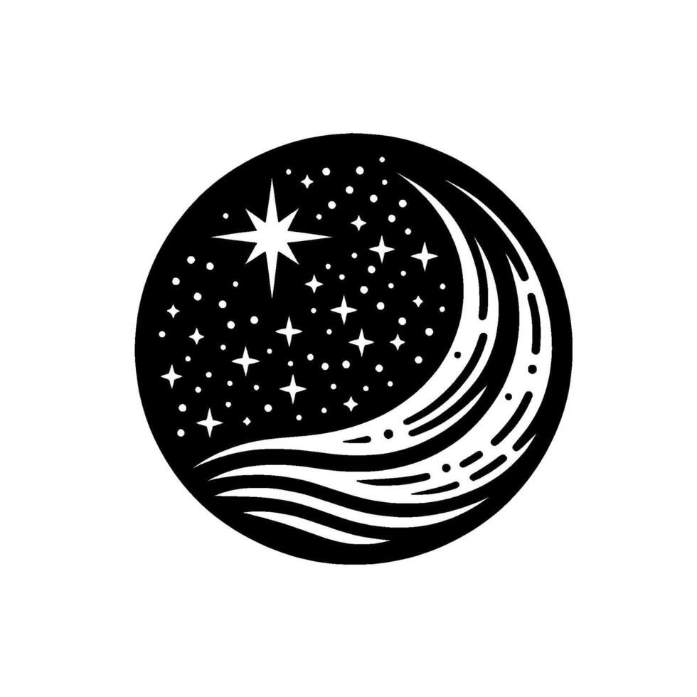 Black and White Celestial Emblem Starry Night Inside a Circular Frame, Featuring Waves and Stars vector