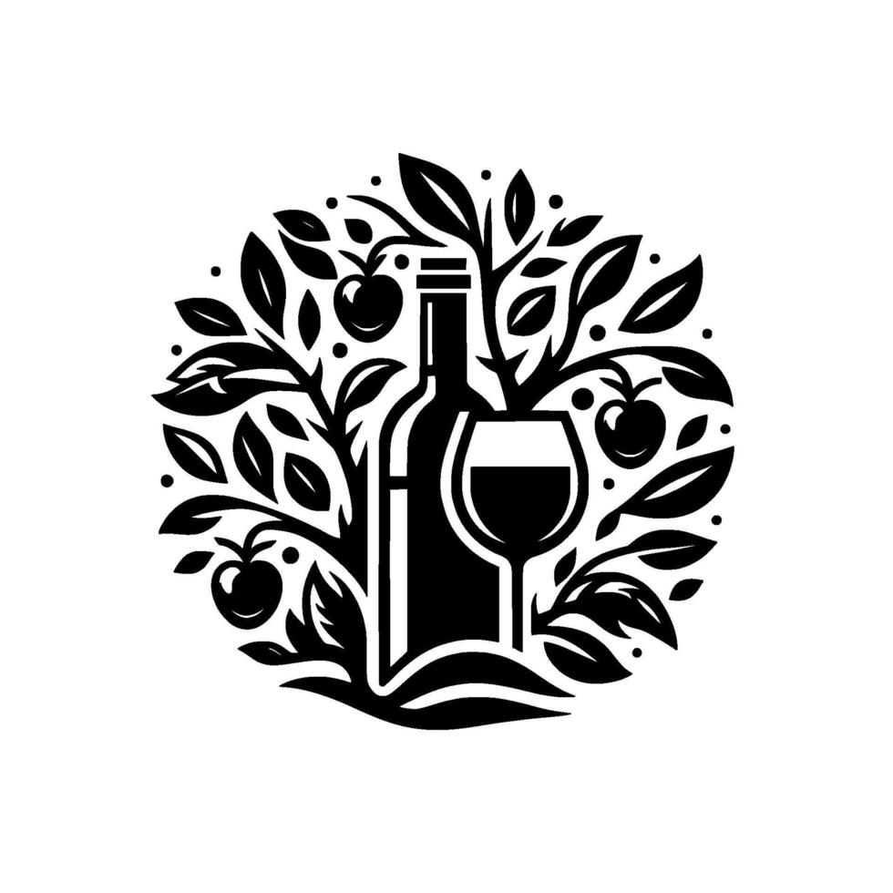 Black and white circular featuring wine bottle, glass, and stylized organic foliage with apples, symbolizing vineyard, and the art of winemaking. vector