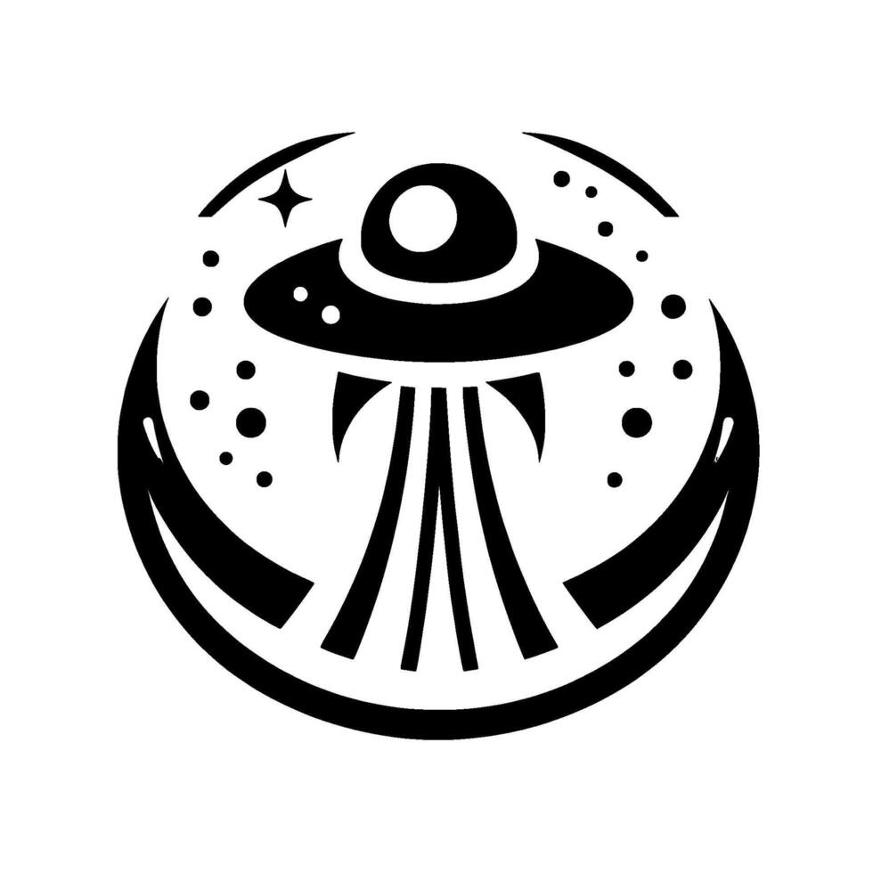 Stylized UFO emblem with beaming light and starburst on a black and white cosmic background, inside a circular frame. vector