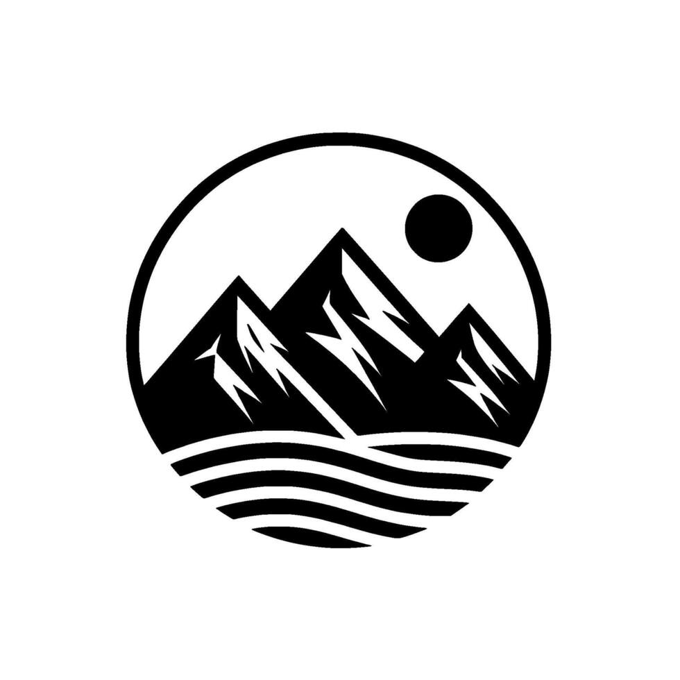 Stylized black and white circular emblem, featuring mountain peaks, sun, and water elements, evoking natures power. vector