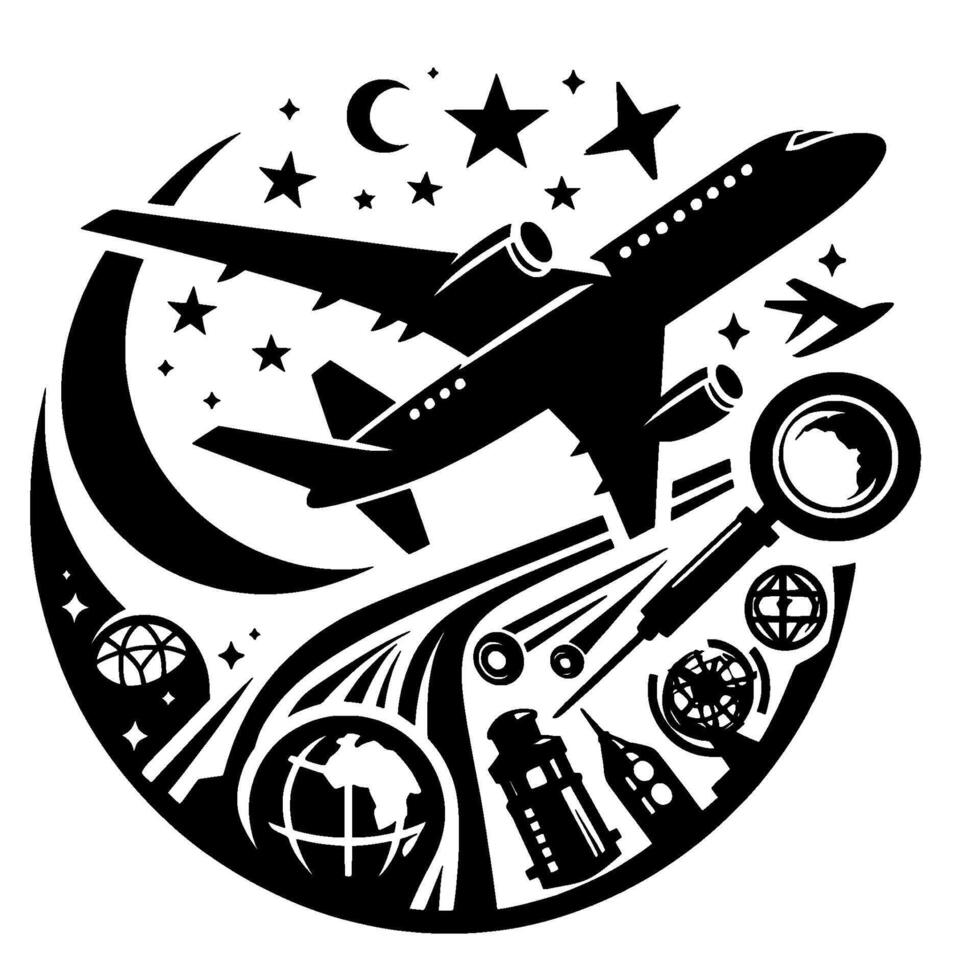 Black and white stylized illustration depicting global travel with an airplane soaring through the night sky, surrounded by celestial and iconic landmarks. vector
