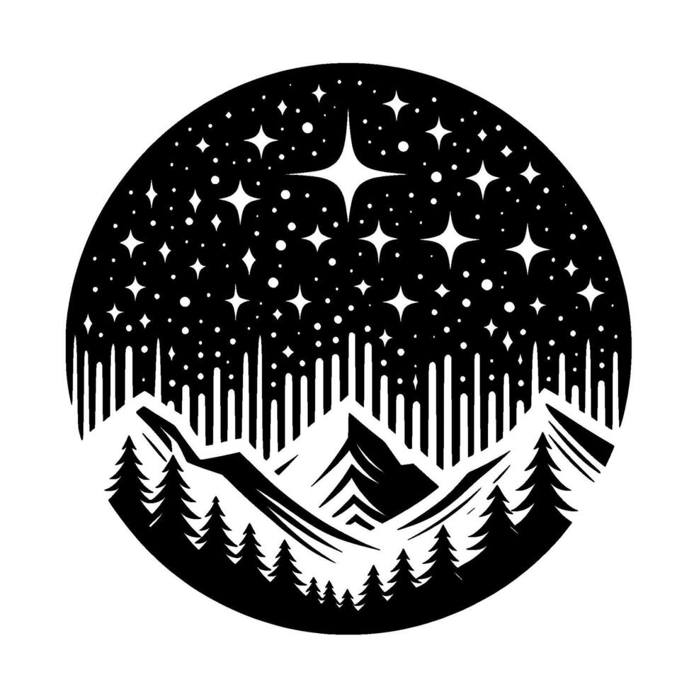 Black and white circular illustration featuring a starry night sky over mountain silhouettes and forests, creating a minimalist landscape. vector