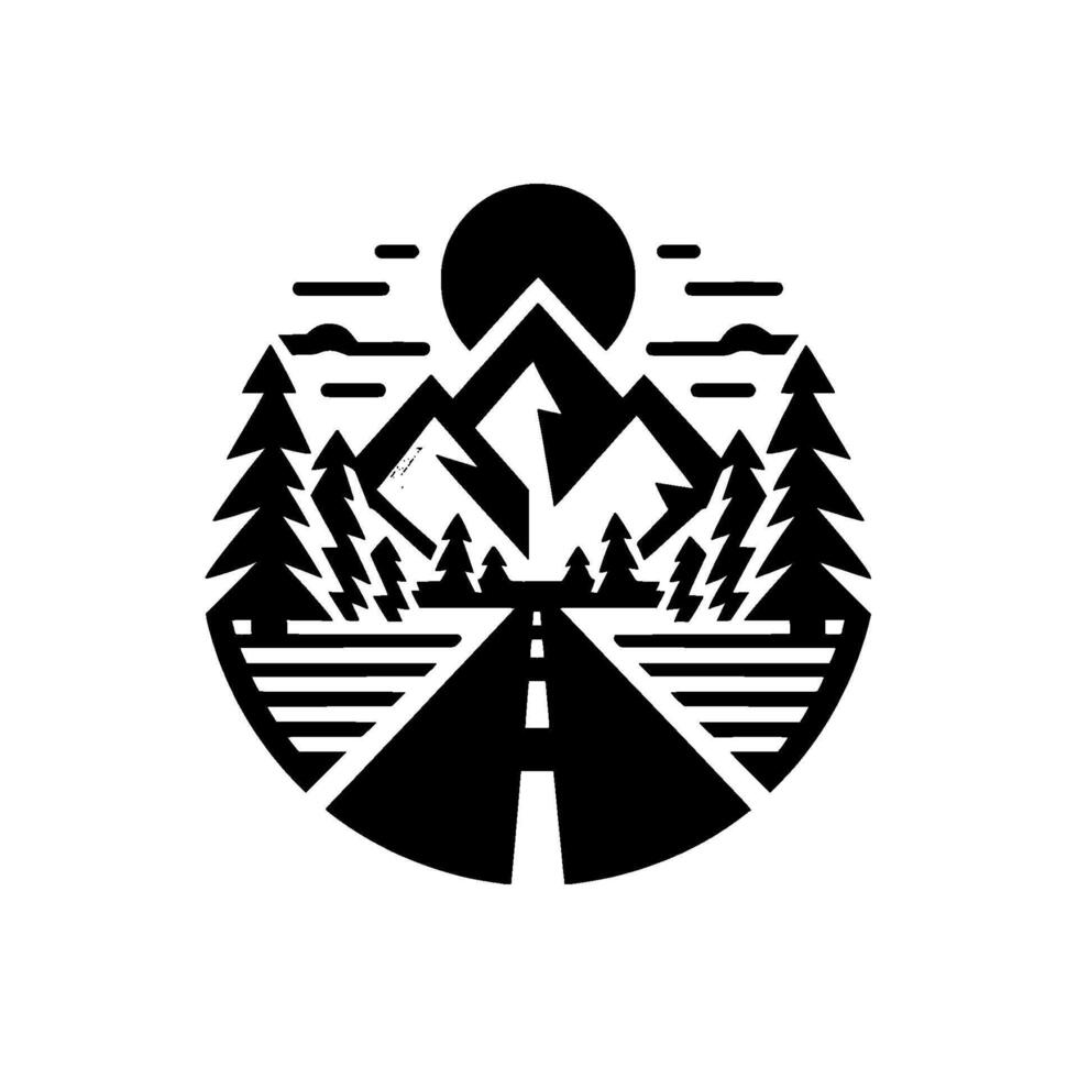 Black and White Mountain Landscape A Geometric Illustration of a Road Leading to Peaks, Trees, and a Rising Sun within a Circular Frame. vector