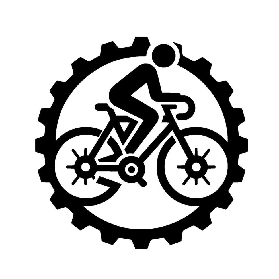 Silhouette Cyclist Riding Bicycle Enclosed within a Gear Symbol, Emblem, Minimalist Illustration, Sport, Cyclist. vector