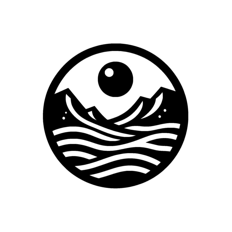 Black and white circular featuring mountains, water, and a sunlike element, evoking nature. vector