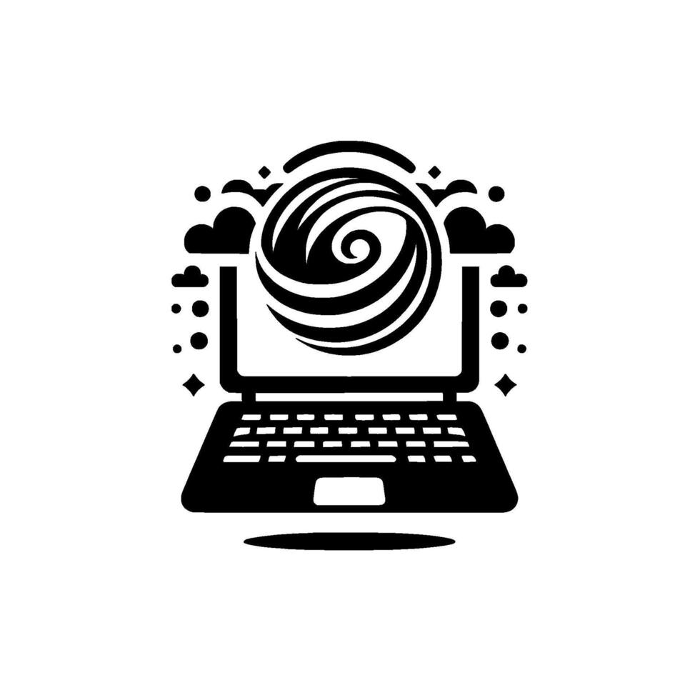 Abstract Black and White Laptop with Swirling Vortex Screen, Clouds, and Stellar Accents. vector