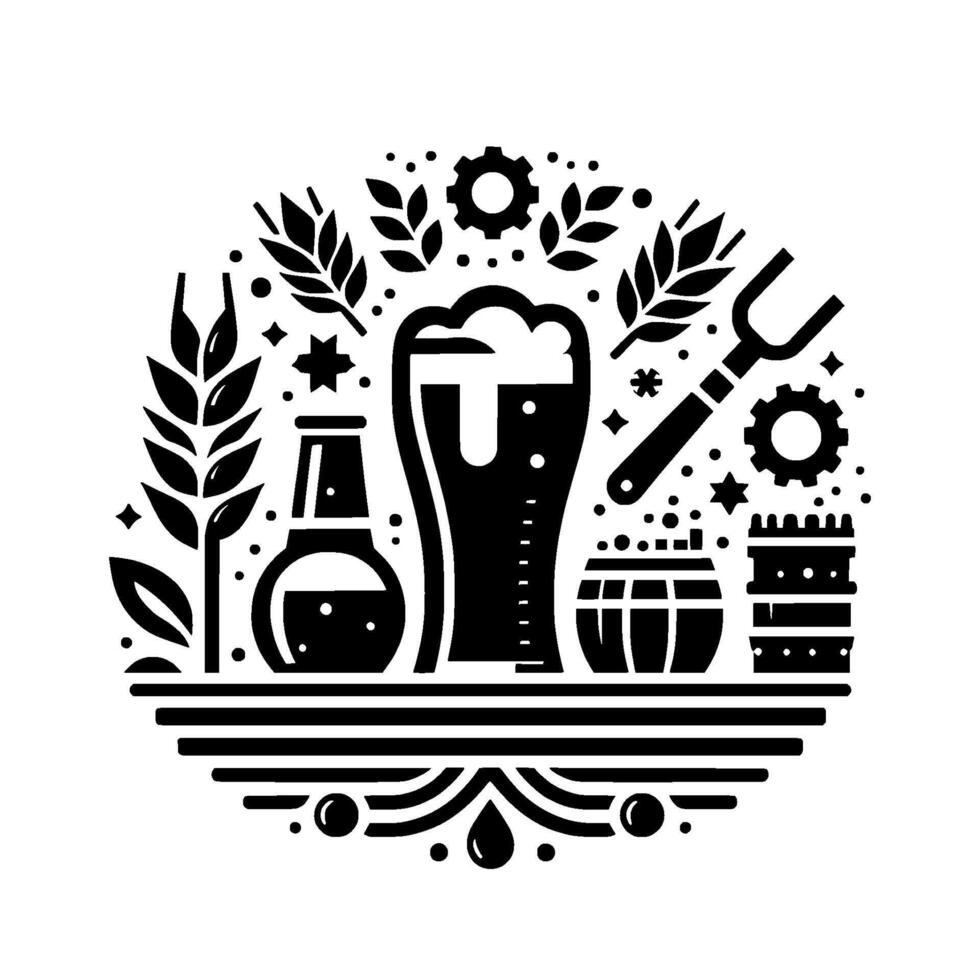 Black and White BeerThemed Illustration, Featuring Glass, Barrel, Wheat, and Brewery Symbols in a Circular vector