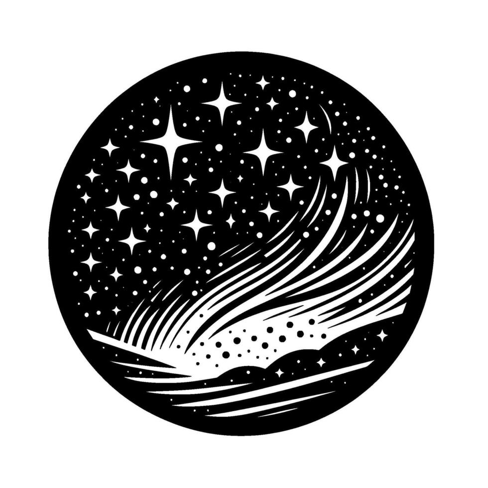 Black and white circular illustration of a night sky with stars, a comet, and stylized landscape. vector