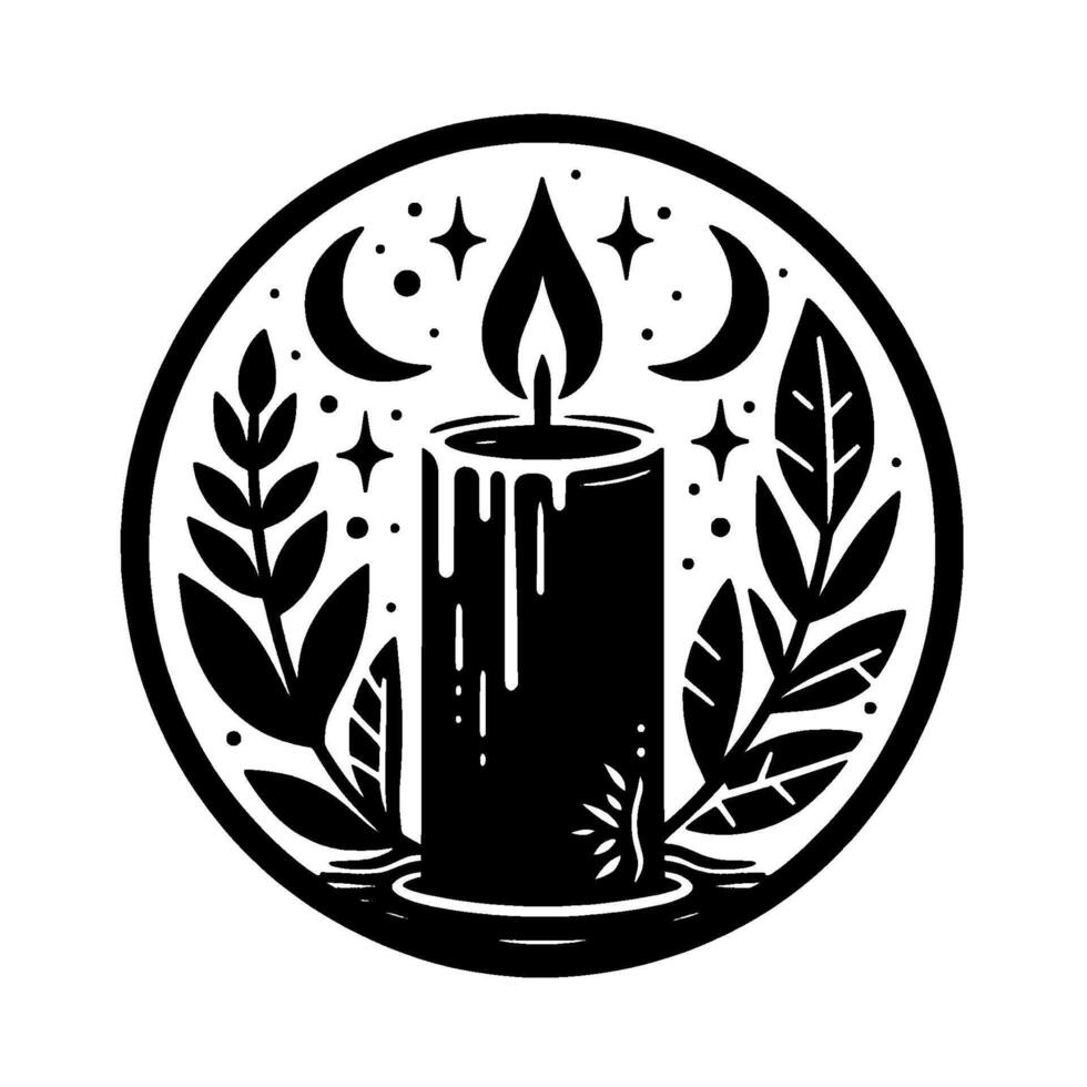 Black and white circular emblem features a glowing candle, crescent moons, stars, and organic leaf branches. vector