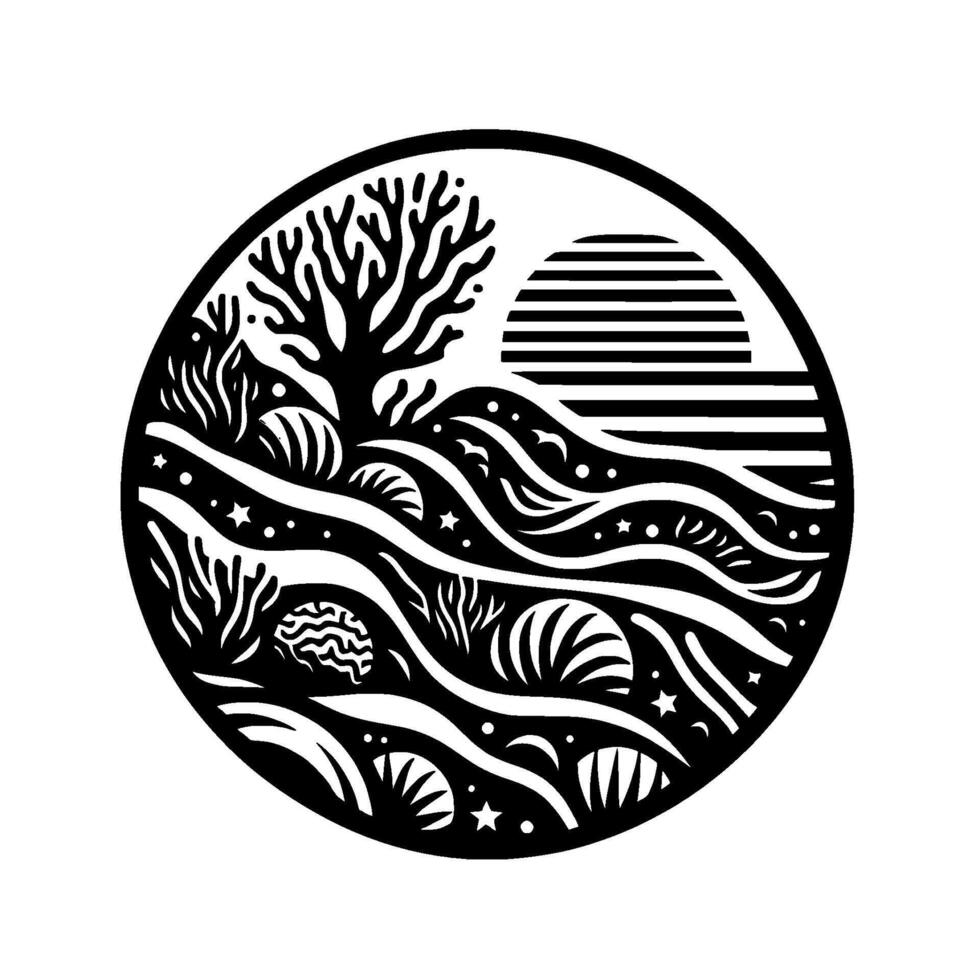 Abstract black and white circular illustration depicting a stylized landscape with a tree, sun, wavy lines, stars, and organic shapes. vector