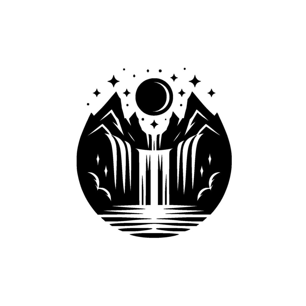 A stylized black and white landscape illustration featuring a waterfall cascading down mountains, beneath a full moon and starry sky, contained within a circular frame. vector