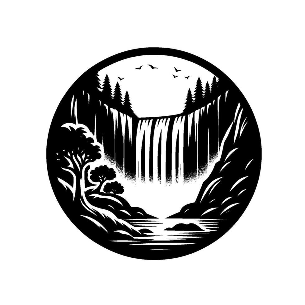 Circular Black and White Illustration of a Serene Waterfall Landscape with Trees, Mountains, Water, and Flying Birds. vector