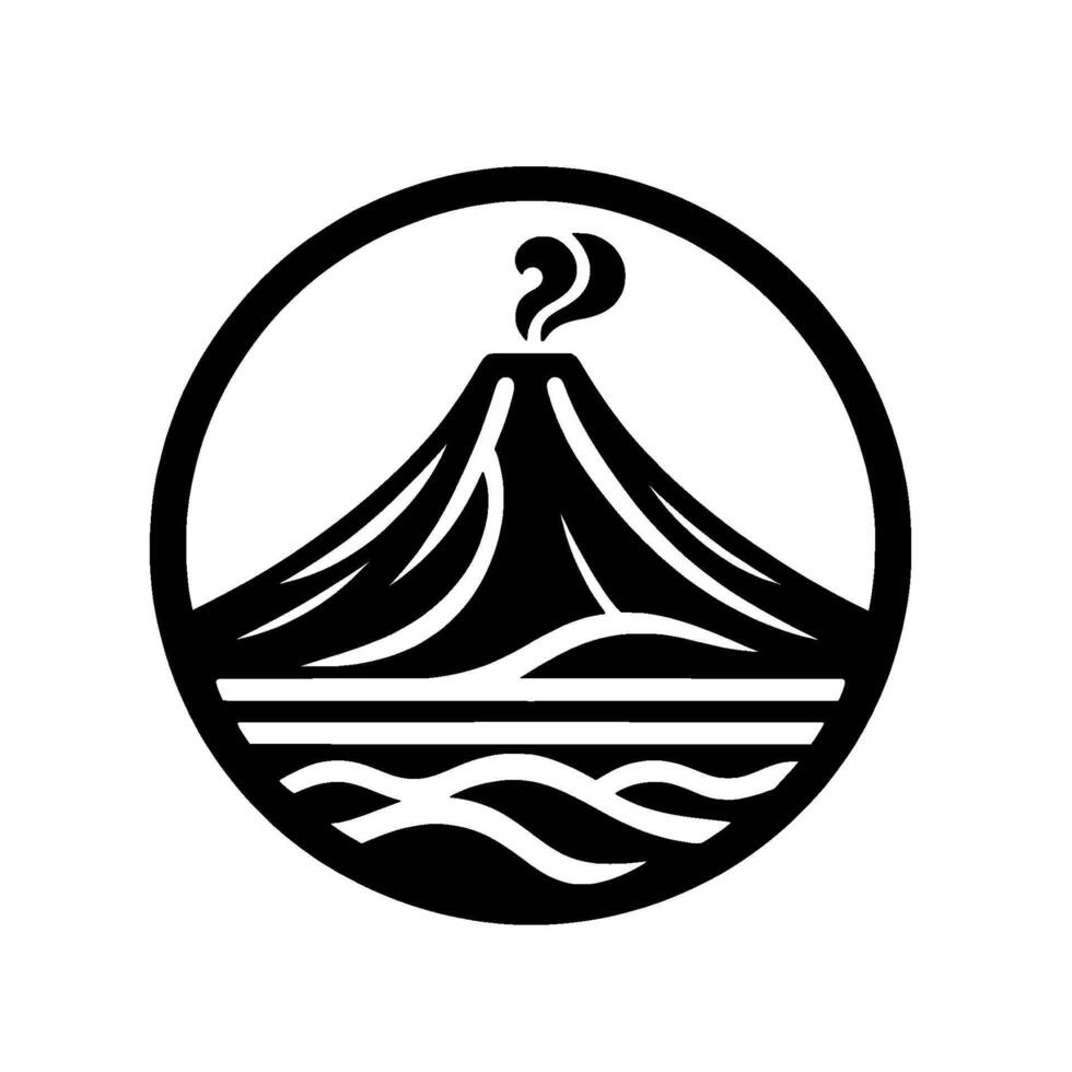 Minimalist Black and White Volcanic Landscape in a Circular Frame, Featuring a Smoking Eruption. vector