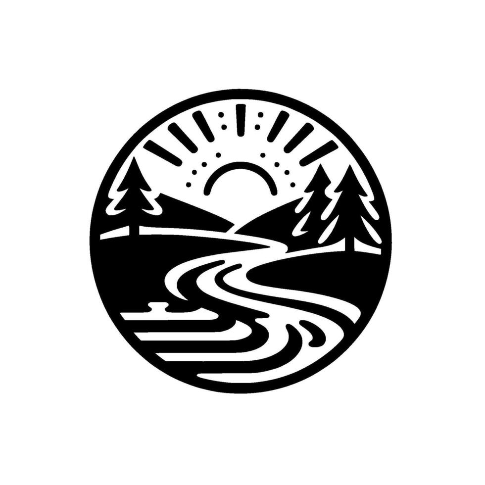 A circular black and white nature emblem depicting a river winding through a landscape with trees, mountains, and the sun. vector