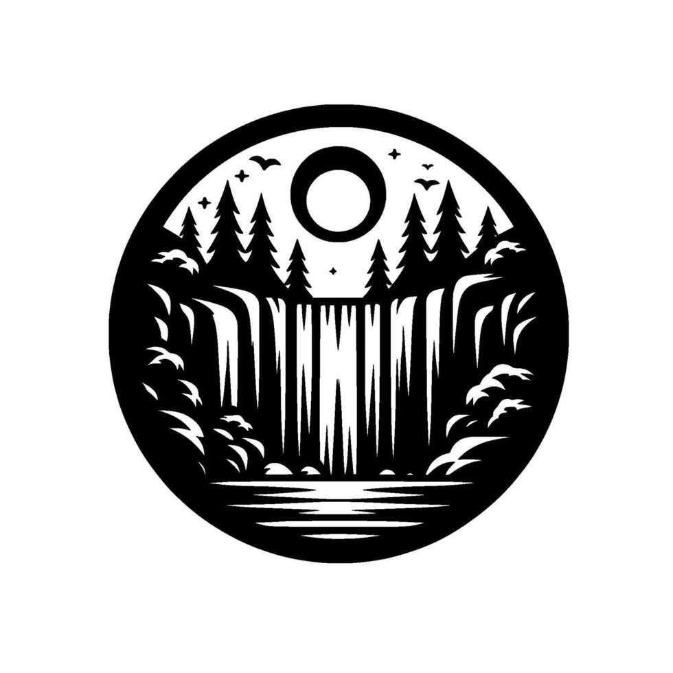 Serene Monochrome Circle Scene Waterfall, Pine Trees, Sun, and Birds in a Minimalist Illustration. vector