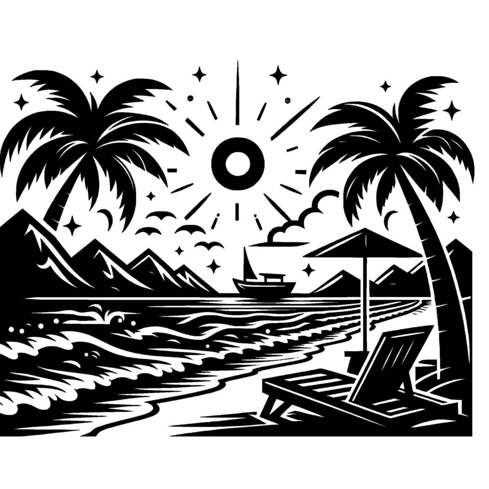 Black and White Beach Scene Palm Trees Frame Sunny Coast, Boat, Lounge Chair, Mountains, Birds, and Sun. vector