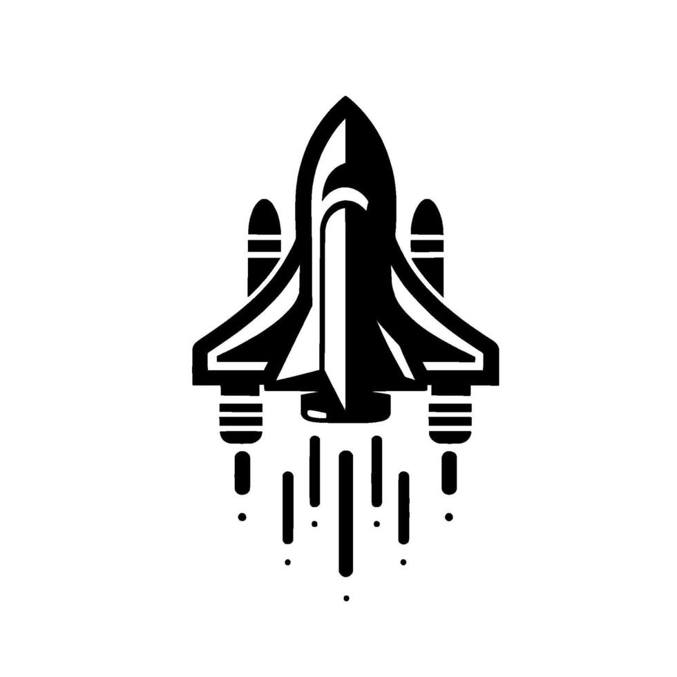 Black and White Illustration of a Space Shuttle Launching Upwards with Combustion Flames vector