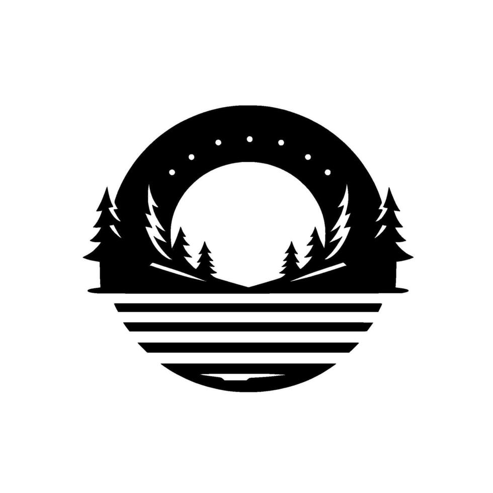 Stylized Black and White Circular Emblem Pine Trees, Moonlit Sky, and Horizontal Stripped Water Reflection. vector