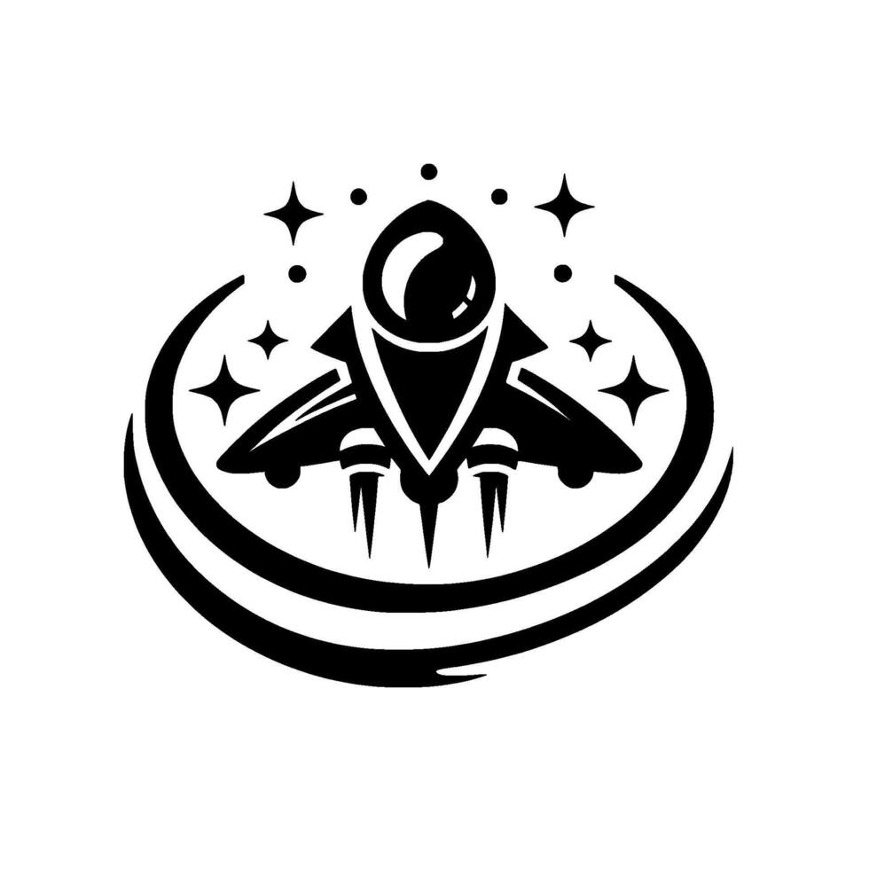 Stylized Black and White Spaceship with Stars and Circular Motion Trails, Representing Space Travel and Exploration vector
