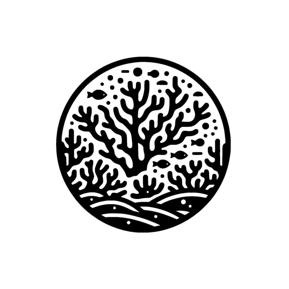 Stylized Black and White Circular Illustration of a Coral Reef Ecosystem with Fish and Bubbles vector