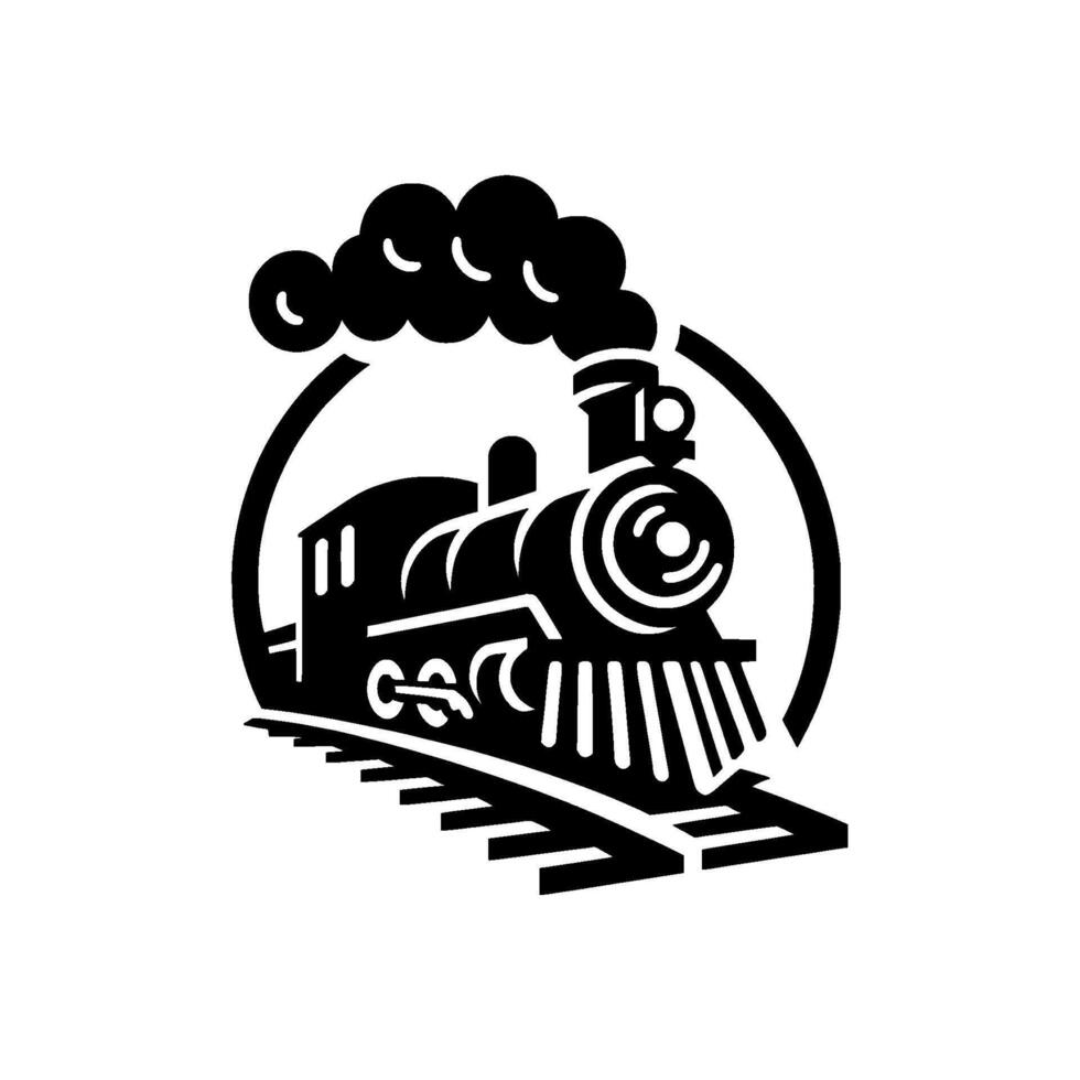 Black and white illustration of a classic steam locomotive with smoke billowing inside a circular frame, resting on tracks. vector