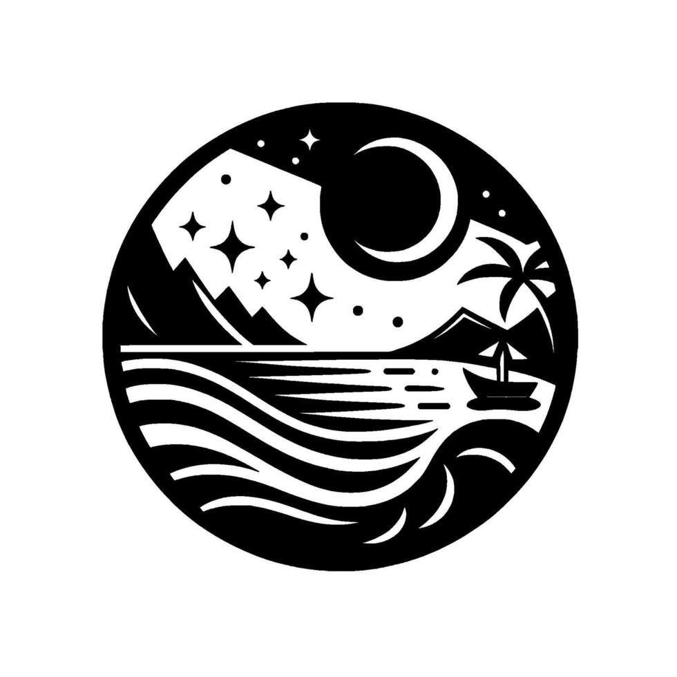 Serene Black White Coastal Nightscape Within a Circle Mountains, Stars, Crescent Moon, Waves, Palm Tree, Boat, Seaside Silhouette. vector