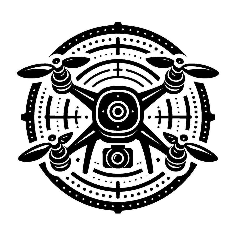 Monochromatic drone emblem with props, central camera, and circular radarlike pattern. vector