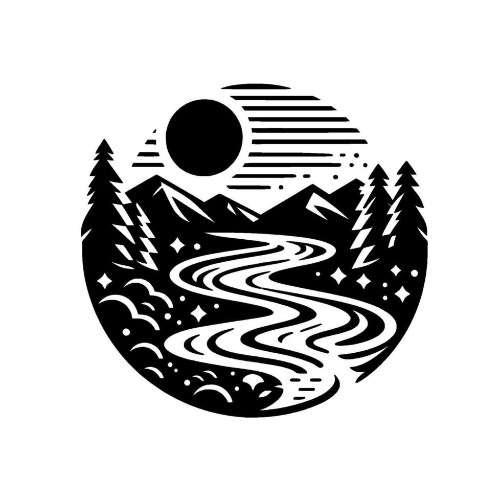 Black and white scenic circular illustration with winding river, majestic mountains, fir trees, sun, and celestial dots. vector