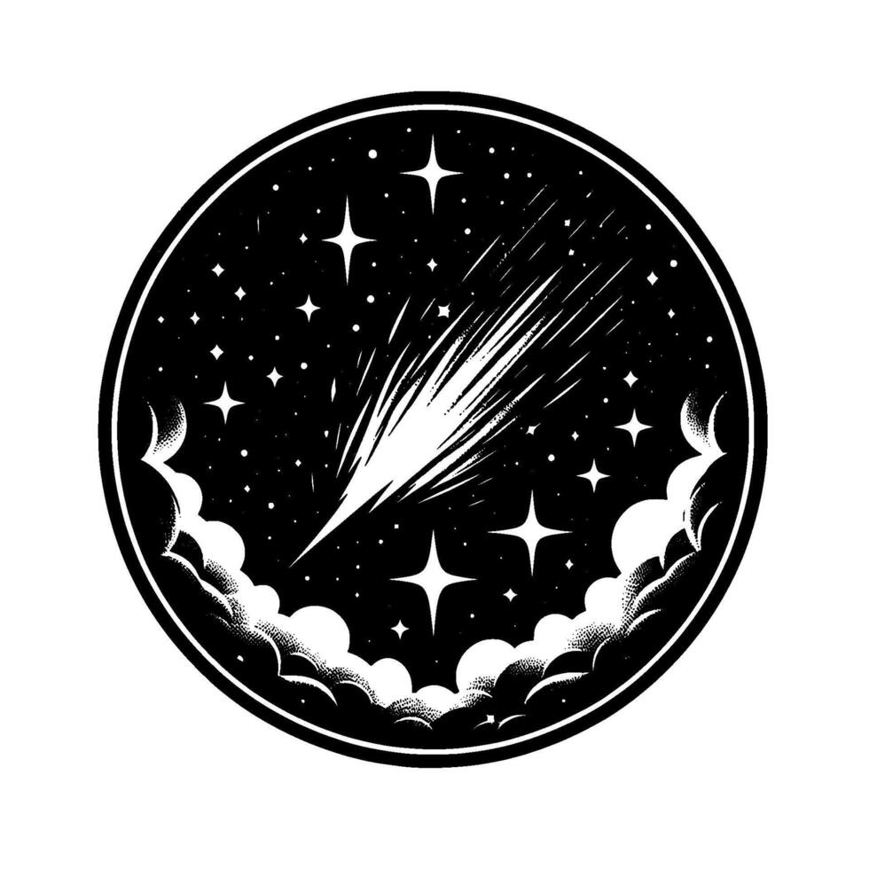 Celestial Circle A bold monochrome illustration of a comet streaking through a starlit night, framed by fluffy clouds. vector