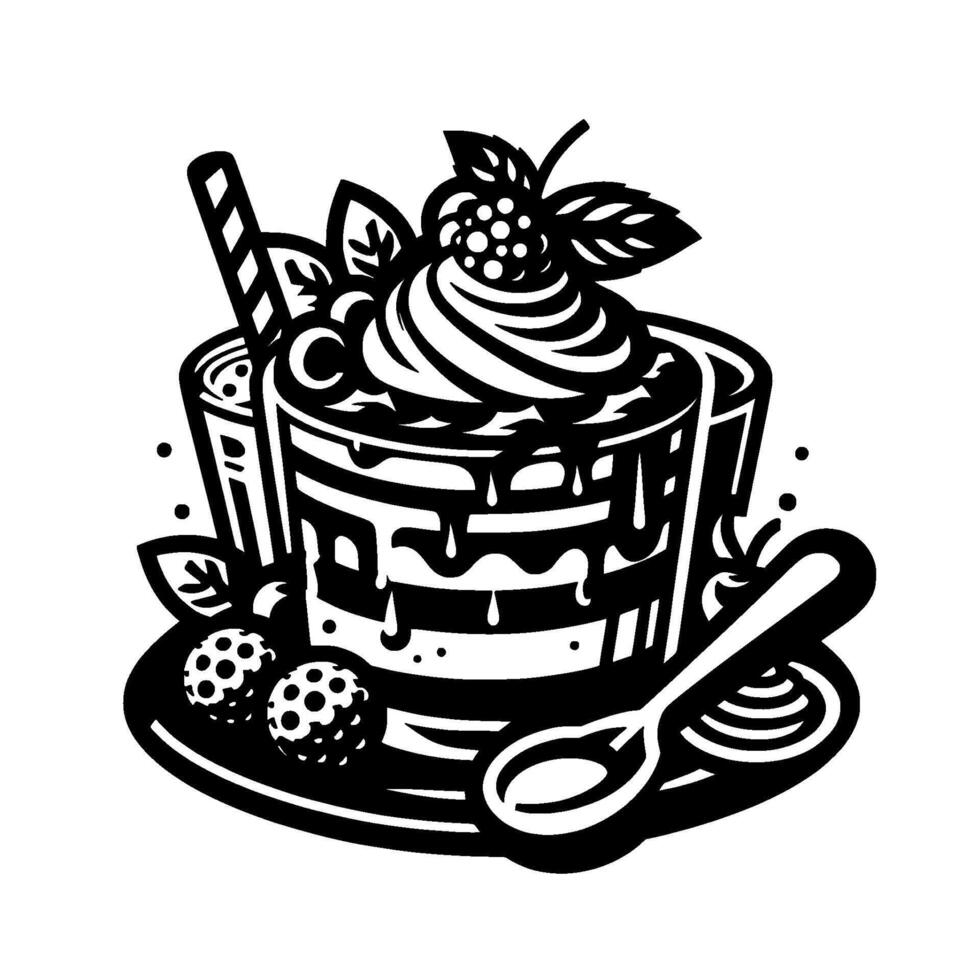 Elegant Black and White Dessert Illustration A Layered Cake with Cream, Berries, a Wafer, and a Spoon on a Plate. vector