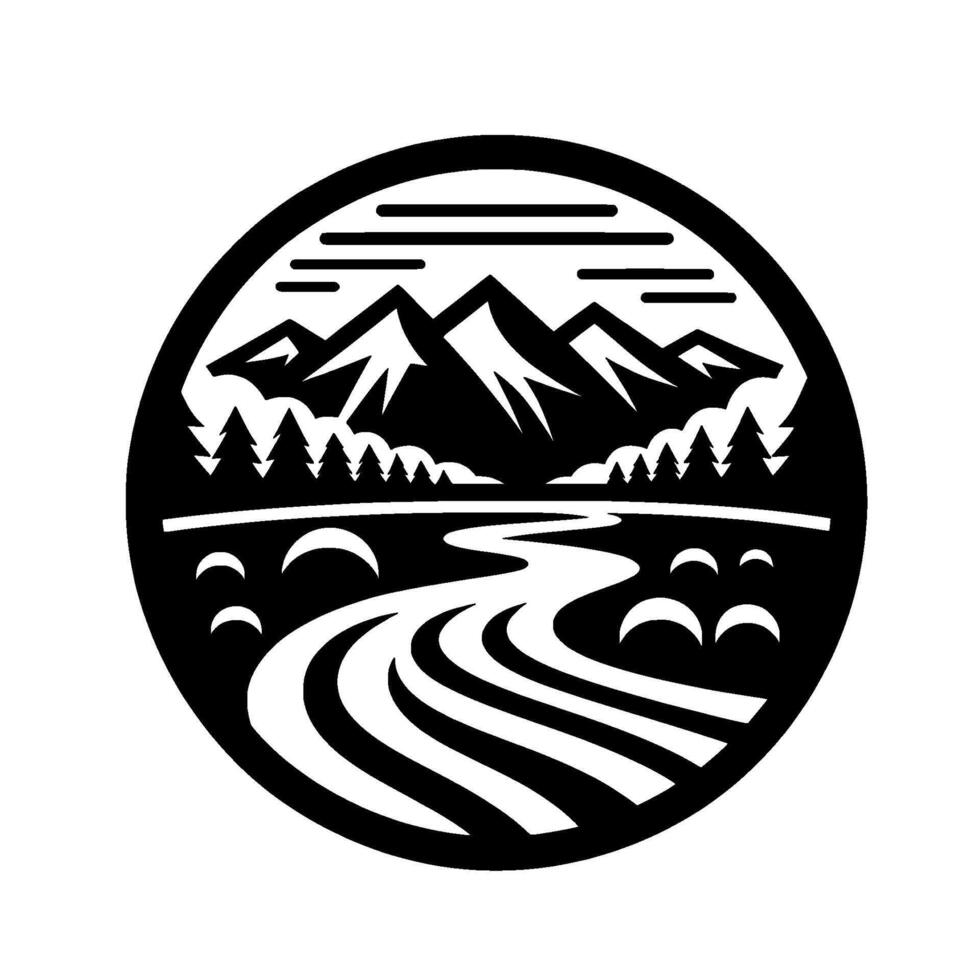 Black and white circular landscape featuring mountains, river, trees, and a bridge, evoking nature and travel. vector