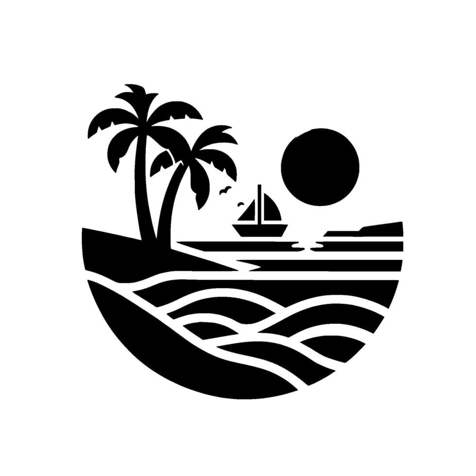 Black White Illustration Tropical Beach Scene with Palm Trees, Sailboat, Sun, and Waves in a SemiCircular Composition. vector