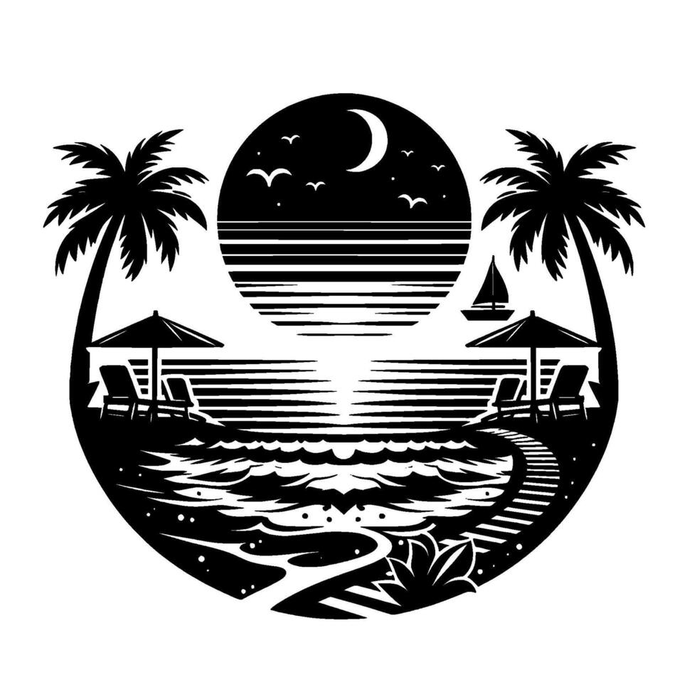A serene, circular, black and white beach scene under a crescent moon, complete with palm trees, beach chairs, and sailboats. vector