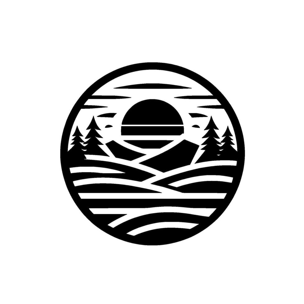 A circular black and white featuring a sunset over a mountain landscape with stylized trees and rolling hills. vector