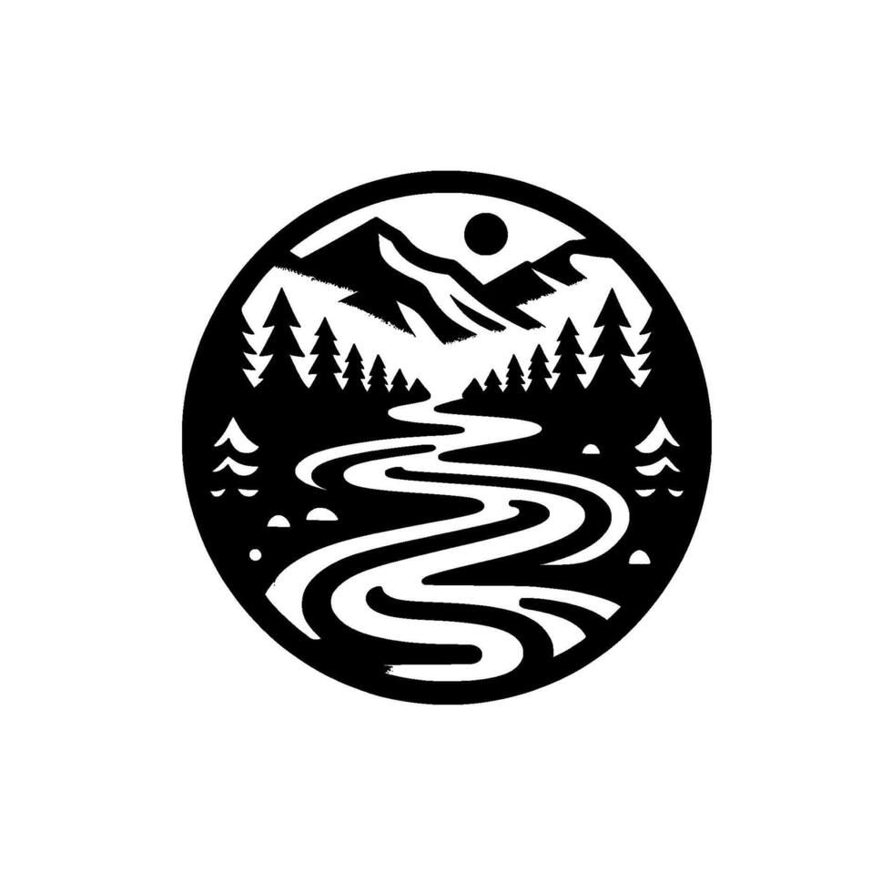 Black and White Circular Emblem of a Mountain Landscape with Winding River, Forest and Sun. vector