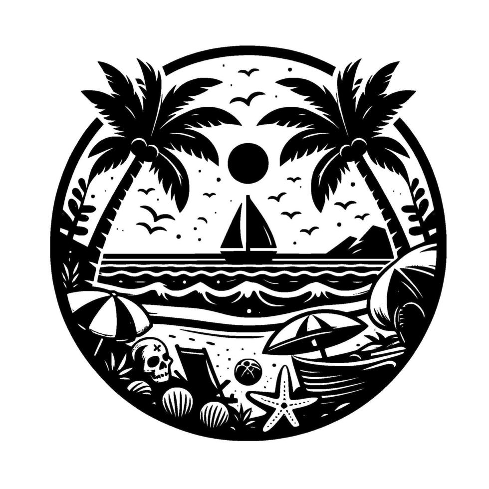 Black White Tropical Beach Scene within a Circle, featuring Palm Trees, Sailboat, Waves, Seagulls, Beach Items, and a skull. vector