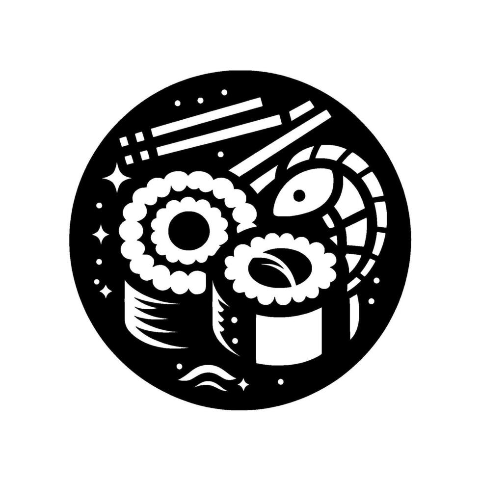 Black and white circular illustration of sushi rolls, chopsticks, and shrimp, adorned with starshaped accents. vector