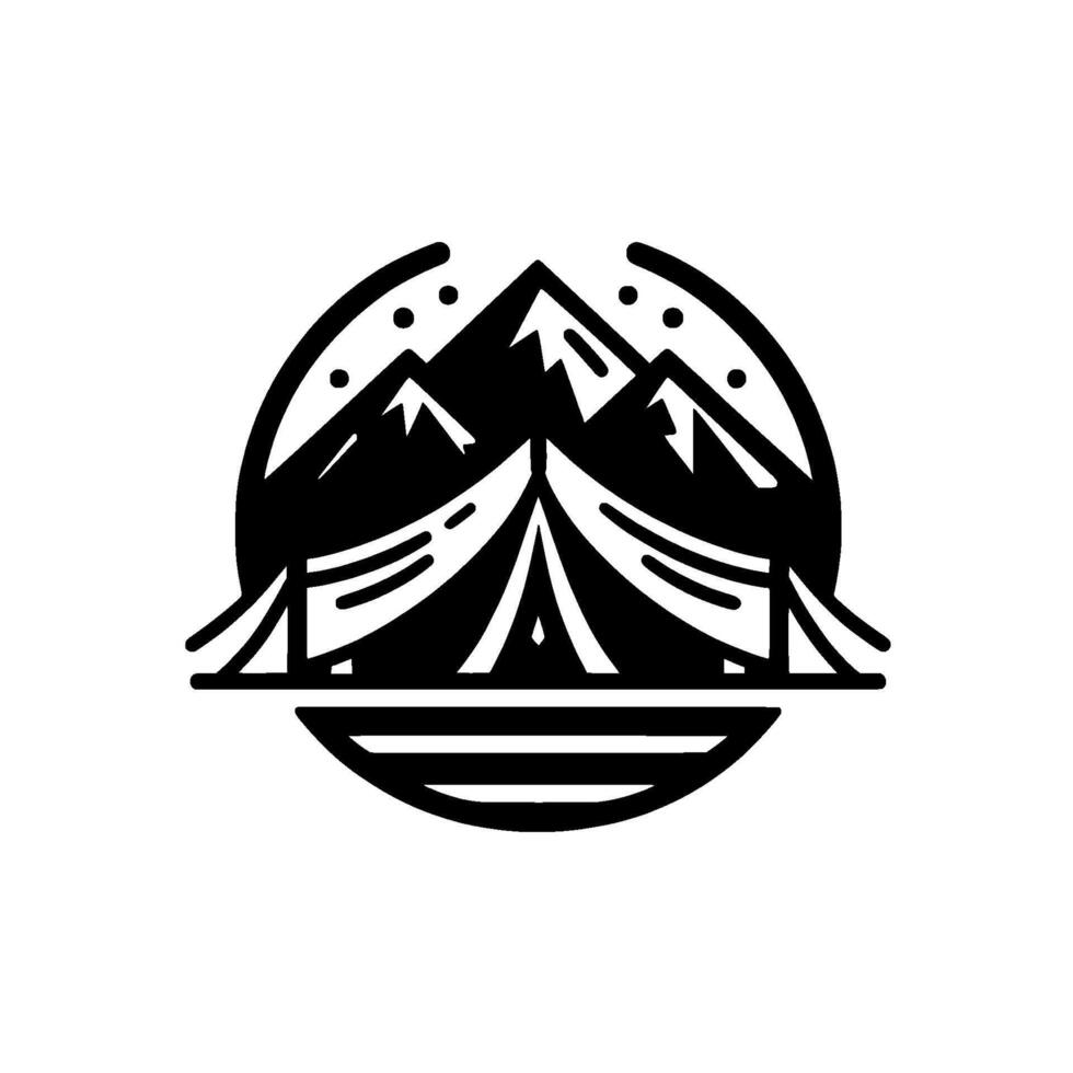 illustration of a camping scene tent silhouette under mountain peaks inside a circular frame, monochrome . vector