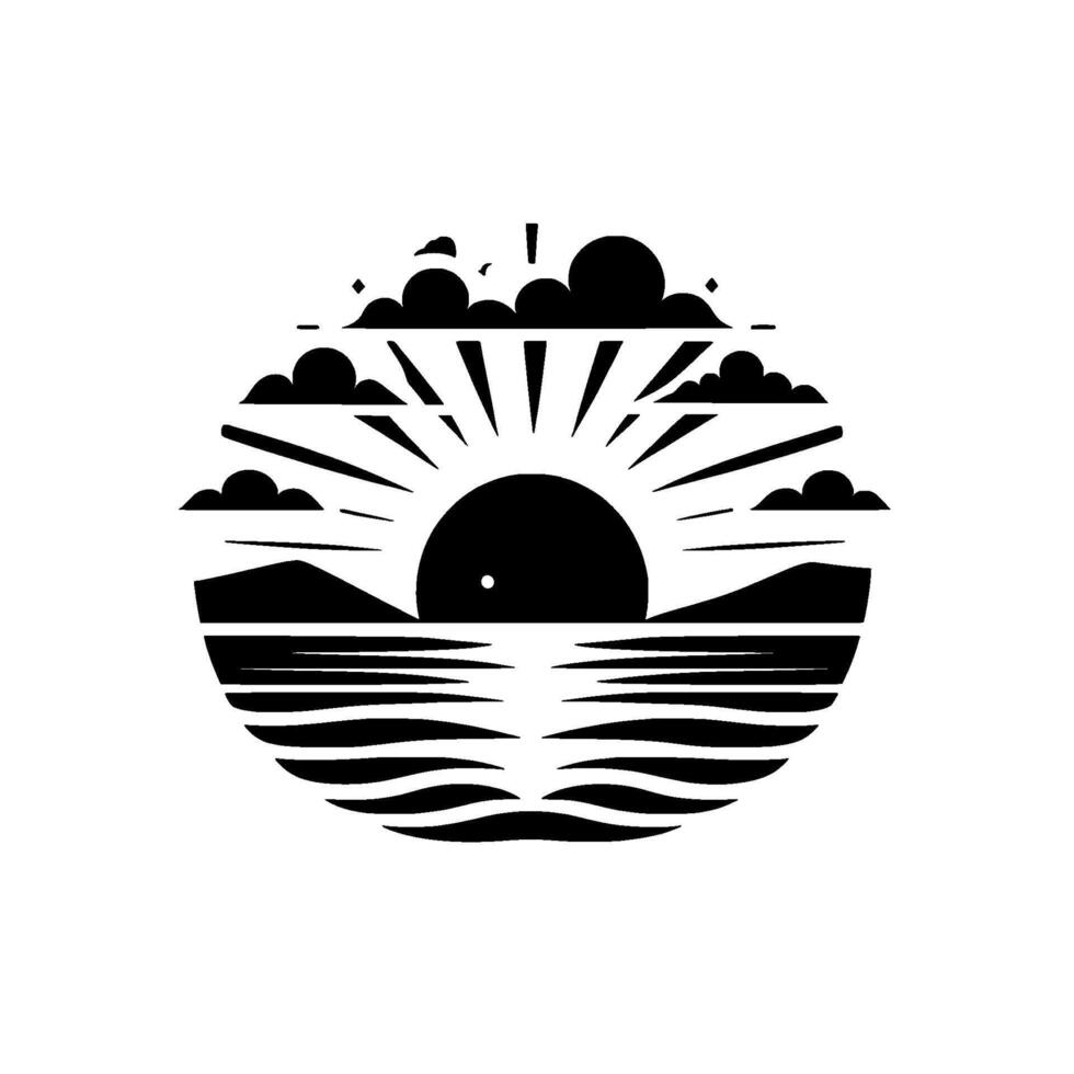 A minimalist, circular black and white illustration of a sunrise over water with mountains and clouds. vector