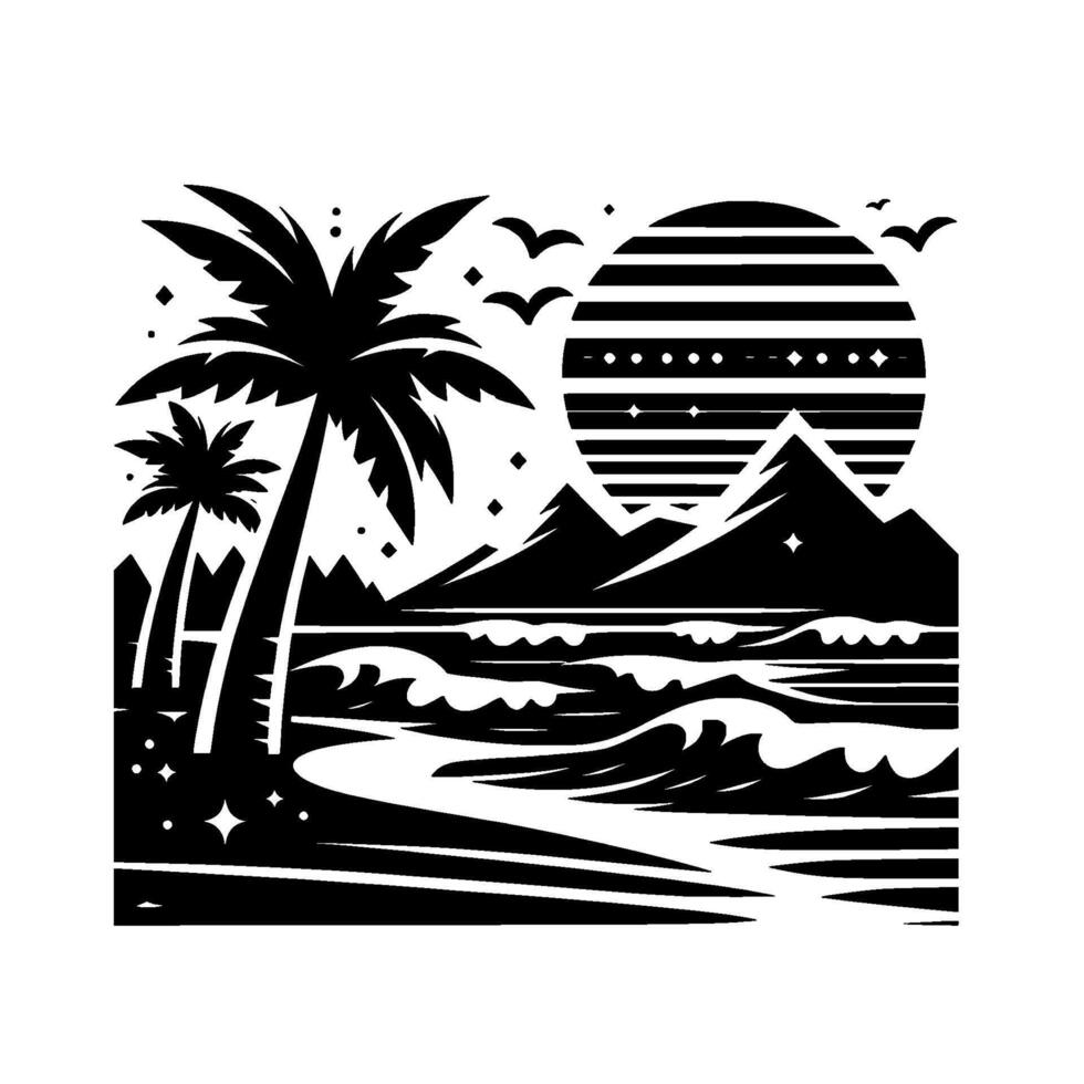 Black and white art of a tropical beach scene with palm trees, mountains, waves, stylized sun, and birds in a minimalist style. vector