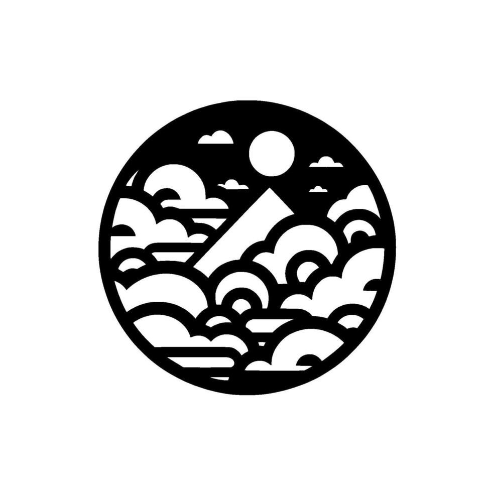 Geometric Black and White Landscape in Circle A minimalist depiction of mountains, clouds, and sun within a circular frame, offering a sense of peace. vector