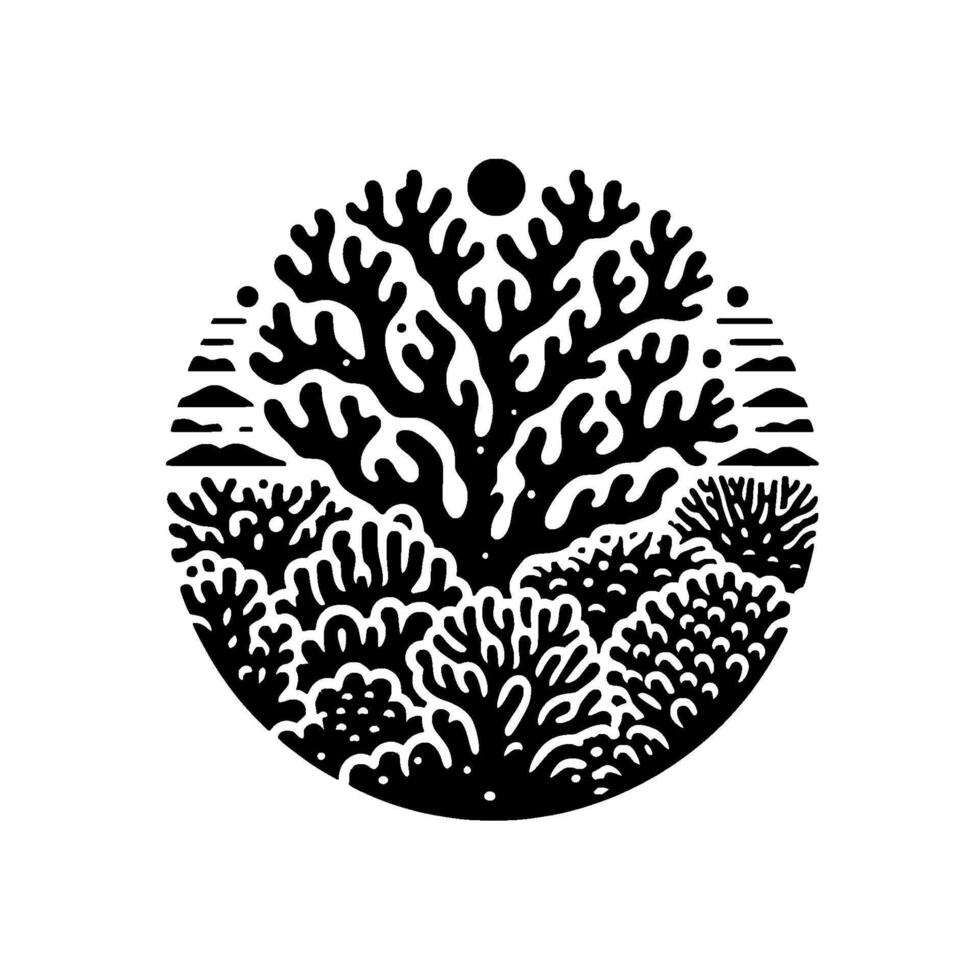 Black and White Circle Stylized Underwater Scene with Coral, Sun, and Subtle Horizon Depiction. vector